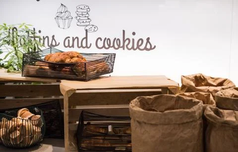 Selection self service continental breakfast buffet display, catering or brun Stock Photos