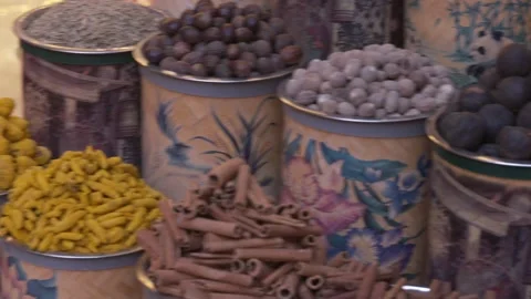 Selection of Spices and Nuts on Display at a Souk Stock Footage 144559572
