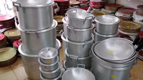 Selection of Thick Aluminum Cookware in a House Ware Stock Footage 159288086