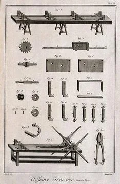 A selection of tools and work-benches used in silver manufacture. Etching b.. Stock Illustration
