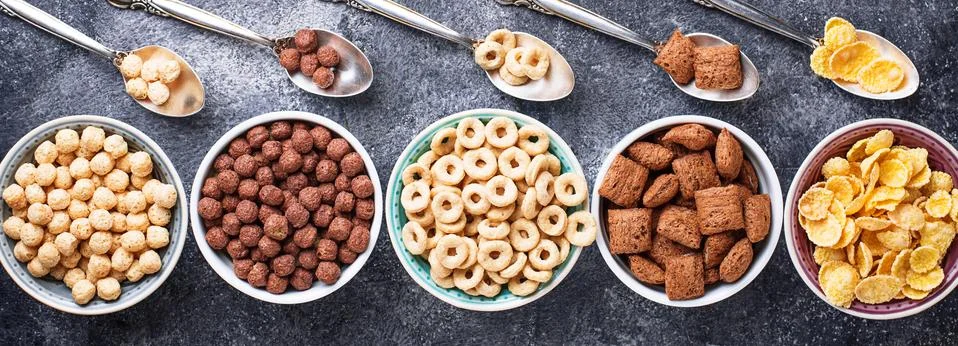 Selection of various corn flakes for breakfast Stock Photos