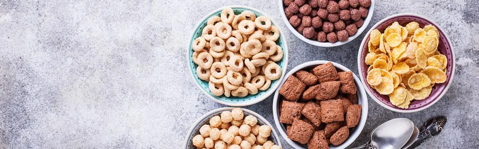 Selection of various corn flakes for breakfast Stock Photos