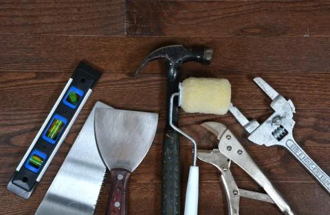 Selection of various hand tools, hammer, wrench, level Stock Photos