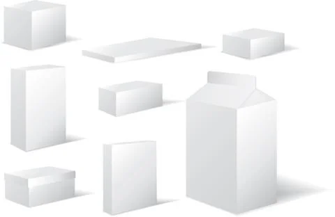 Selection of white different sized blank boxes Illustrazione stock