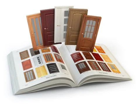 Selection of wooden doors by catalog with samples. Interior design and cons.. Illustrazione stock