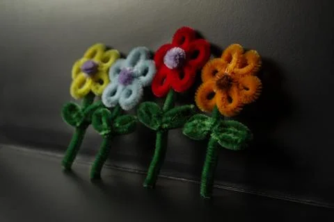 Selective angle view Beautiful Colorful Handmade Pipe Cleaner Flower Craft Stock Photos