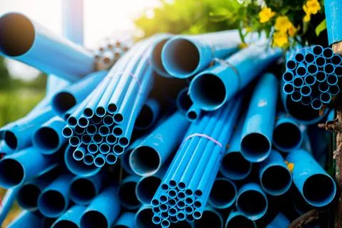Selective to blue plastic pipe background. PVC pipes stacked in warehouse of  Stock Photos