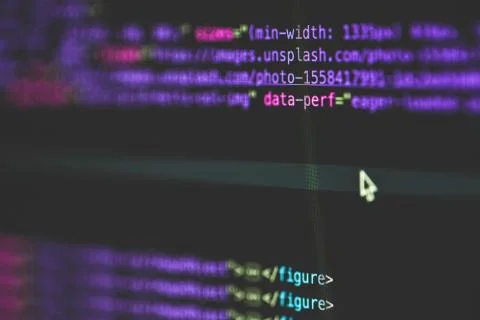 Selective closeup shot of data codes on a computer monitor screen 스톡 사진