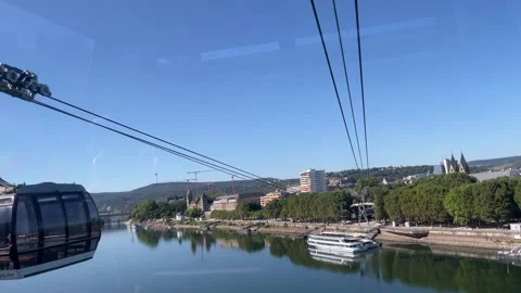 Selective focus aerial cable car ride above Rhine river landscape in Koblenz Stock Footage 344930971