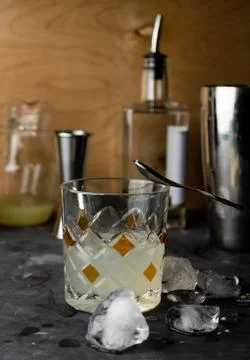Selective focus, alcoholic drink in a low glass, bar Stock Photos