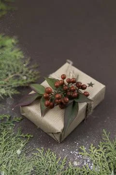 Selective focus and close up handmade eco friendly Christmas gift box with Stock Photos
