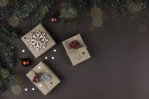 Selective focus and close up handmade eco friendly Christmas gift boxs with Stock Photos