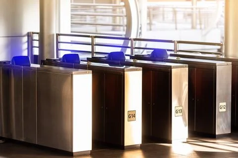 Selective focus to automatic gate machine at sky train station. Modern auto.. Stockfoto's