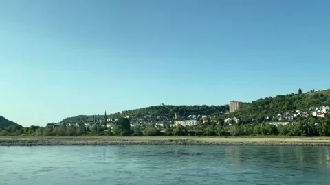 Selective focus beautiful Rhine River landscape surrounded by green mountains Stock Footage 345593200
