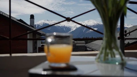 Selective focus of beautiful view of mountain at countryside. Blurred cup of 動画素材 116456302