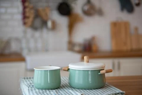 Selective focus on beautiful vintage kitchenware Stock Photos