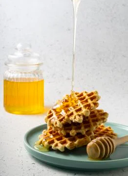 Selective focus, Belgian sugar waffles Foto stock