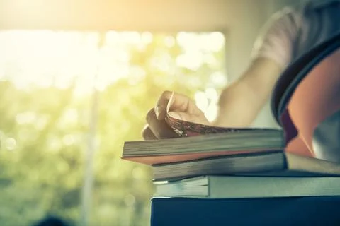 In selective focus of Book pile on table Foto stock