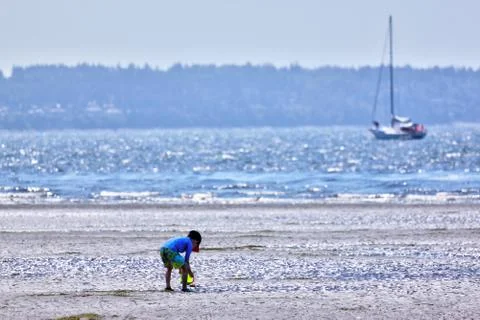 Selective Focus on Boy Playing at Beach With Copy Space Stock Photos