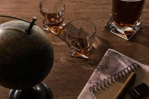 Selective focus brandy glasses cigar Stock Photos