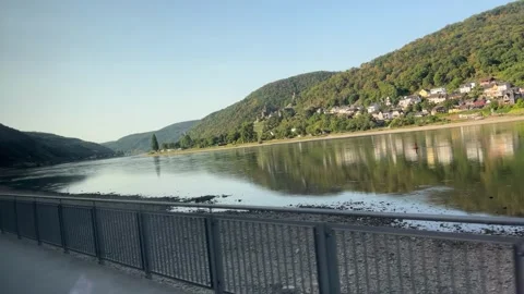 Selective focus breathtaking view of Rhine River and surrounding green moun.. Stock Footage 345592931