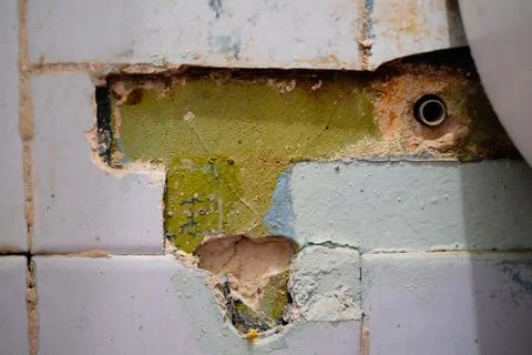 Selective focus, broken, destroyed ceramic tiles of the bathroom in an abandoned Stock Photos