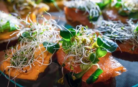 Selective focus of bunch of Wholegrain bread sandwiches with smoked salmon, s Foto stock