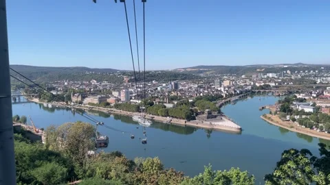 Selective focus cable car overlooking Deutsches Eck and Rhine Moselle confl.. Stock Footage 344932157