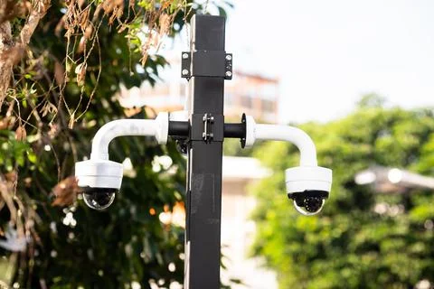 Selective focus to CCTV Camera with blurry green tree. Stock Photos