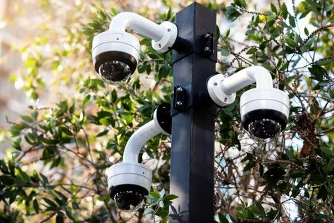 Selective focus to CCTV Camera with blurry green tree. Stock Photos