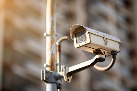 Selective focus to CCTV Camera with blurry building. Stockfoto's