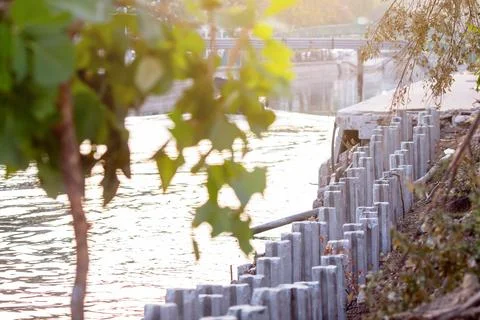 Selective focus to cement or concrete pillar, pole on along the canal site. Stock Photos
