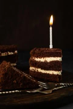 Selective focus, chocolate sponge cake with birthday candle Stock Photos
