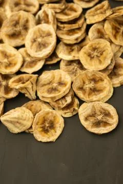 Selective focus, circles of dried bananas Stock Photos