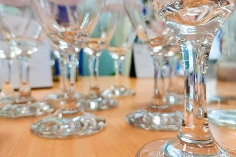 Selective Focus Clear Elegant Glass Stemware for Celebration Event Decoration Stock Photos