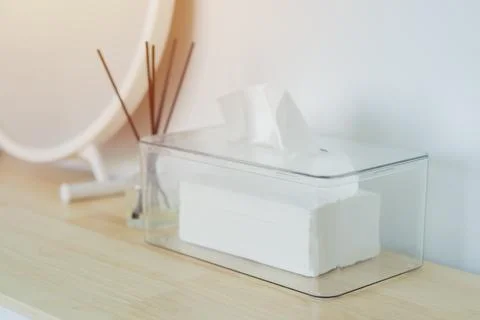 Selective focus of clear plastic box with napkin and mirror, reed diffuser .. Stock Photos