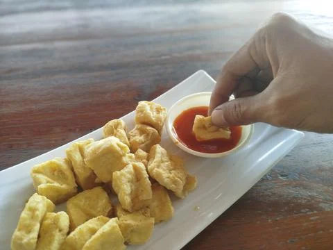 Selective focus close up crispy diced fried tofu Stock Photos