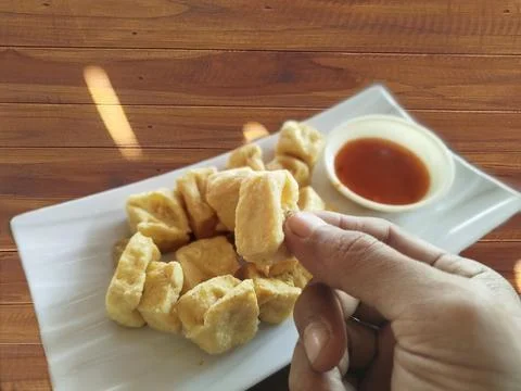 Selective focus close up crispy diced fried tofu Fotos Stock