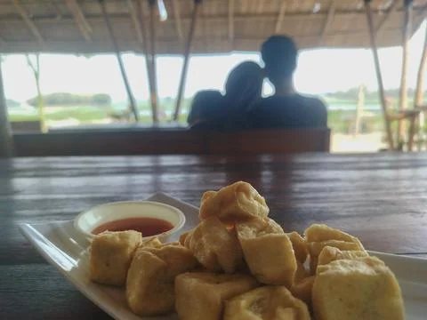 Selective focus close up crispy diced fried tofu 스톡 사진