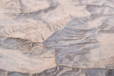 Selective focus close up of map detail Mt. Everest topographical map showing 库存照片