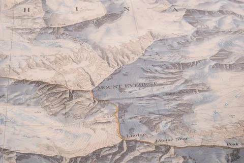 Selective focus close up of map detail of Mt. Everest topographical map showing 写真素材