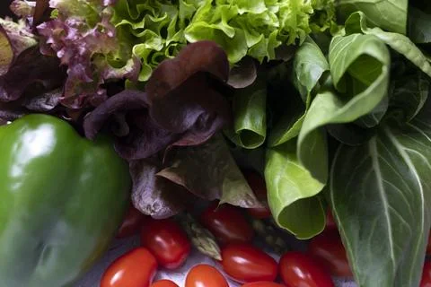 Selective Focus Closeup Assortment Of Fresh Red Green Vegetables, Organic Bio Stock Photos