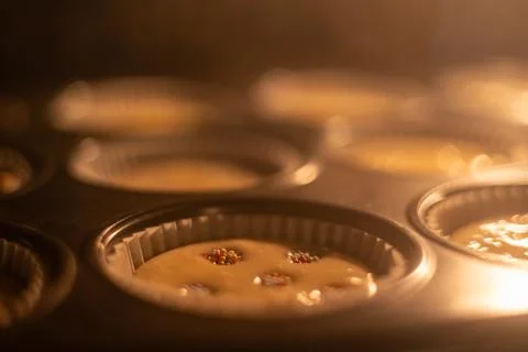 Selective focus. Closeup iron mold with group homemade dough for pumpkin muffins Stock Photos