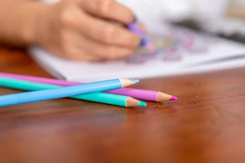 Selective focus of colored pencils for mandala painting Stock Photos