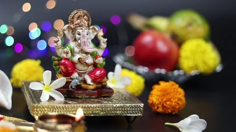 Selective Focus On Colorful Statue Of Hindu God Lord Ganesha Ganpati Bappa Mo Stock Footage 162339264