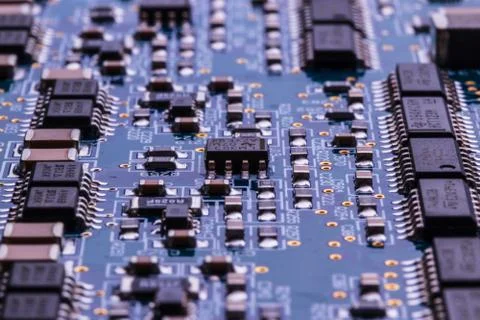 Selective focus of computer motherboard chip and other details. Stock Photos