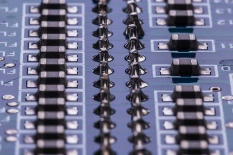 Selective focus of computer motherboard chip and other details. Stock Photos