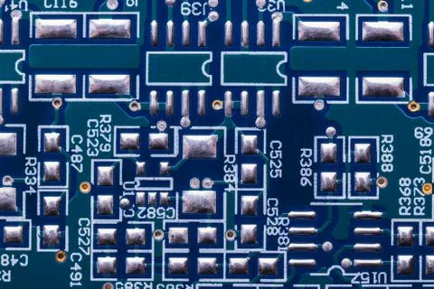 Selective focus of computer motherboard chip and other details. Stock Photos