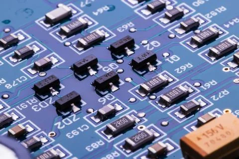 Selective focus of computer motherboard chip and other details. Stock Photos