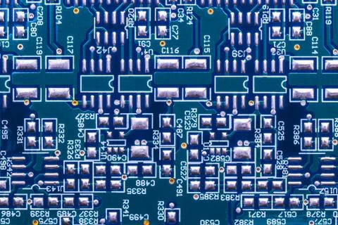 Selective focus of computer motherboard chip and other details. Stock Photos